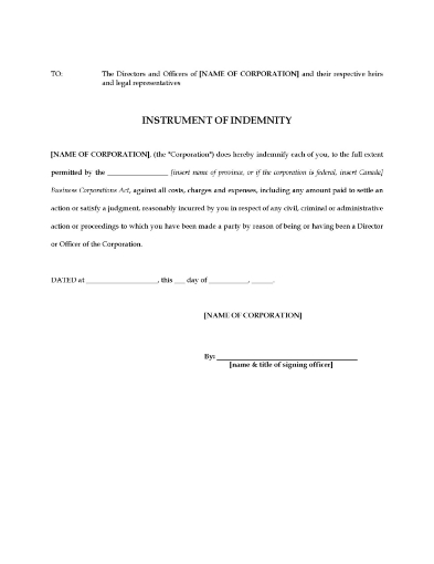 Free corporate indemnity form for directors and officers of Canadian corporation