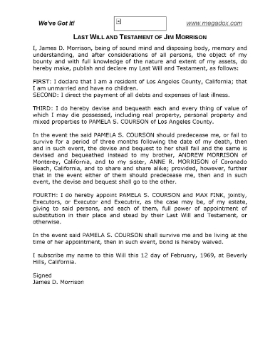 Last Will and Testament of Jim Morrison