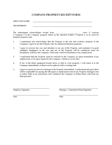 Picture of Receipt for Company Property