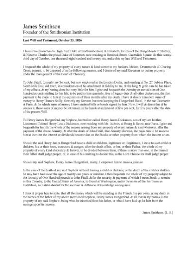 Picture of James Smithson Last Will and Testament