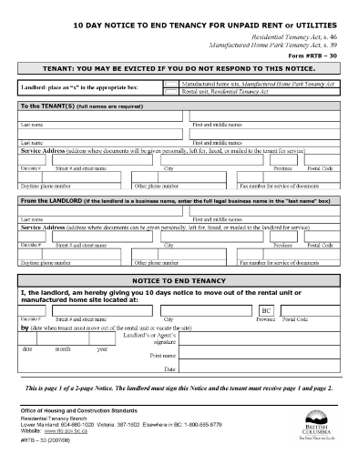 British Columbia 10 day Notice to End Tenancy for unpaid rent or utilities