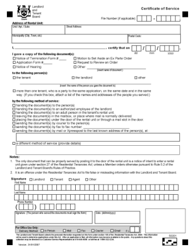 Picture of Ontario Certificate of Service