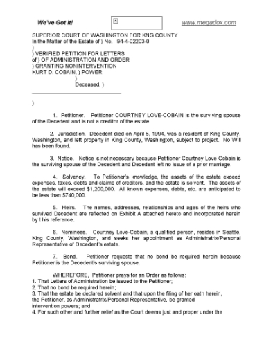 Picture of Kurt Cobain Petition for Letters of Administration of Estate