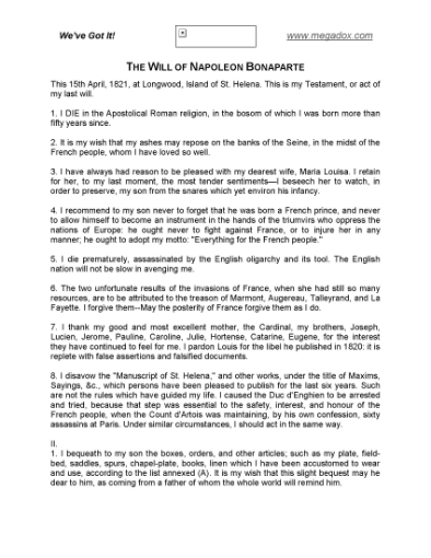 Picture of Napoleon Bonaparte Last Will and Testament