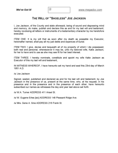 Picture of Shoeless Joe Jackson Last Will and Testament