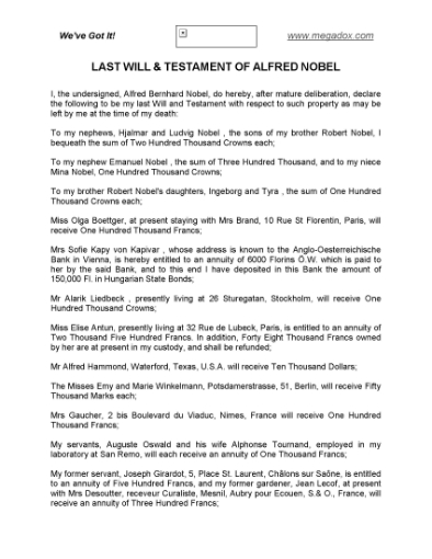 Picture of Alfred Nobel Last Will and Testament