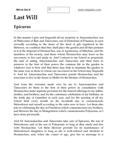 Picture of Epicurus Last Will and Testament