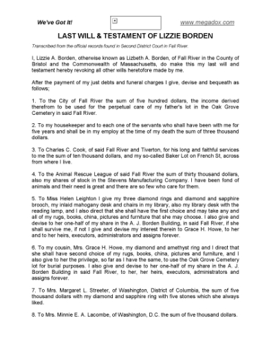 Picture of Lizzie Borden Last Will and Testament