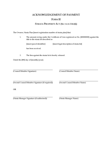 Picture of BC Strata Property Act Form H Acknowledgement of Payment