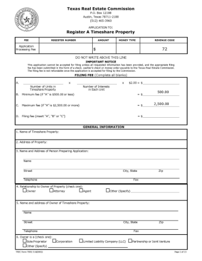 Picture of Texas Application to Register Time Share Property