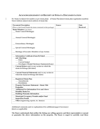Picture of BC Acknowledgement of Receipt of Strata Documentation