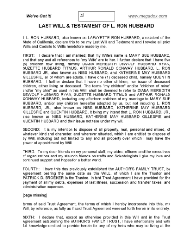 Picture of L. Ron Hubbard Last Will and Testament