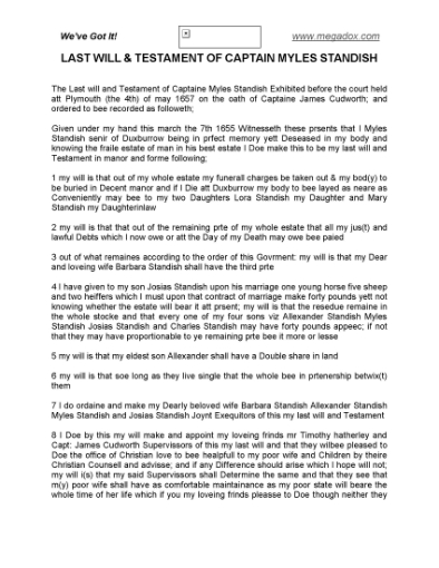 Picture of Myles Standish Last Will and Testament