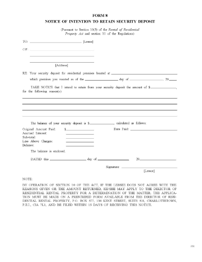 PEI Notice of Intention to Retain Security Deposit