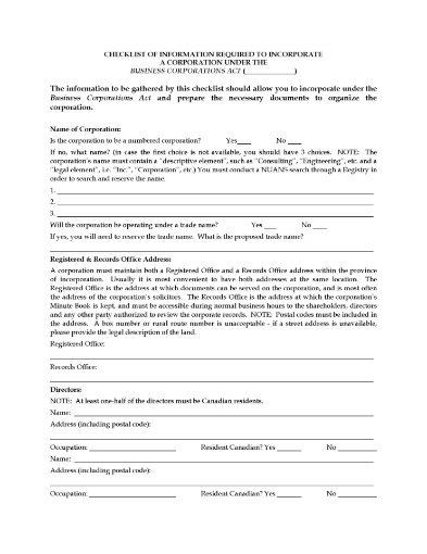Checklist of required items to incorporate a business corporation in Canada