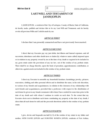 Picture of Janis Joplin Last Will and Testament