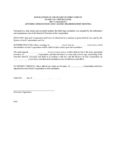 Canada Directors Resolution advising dissolution of corporation