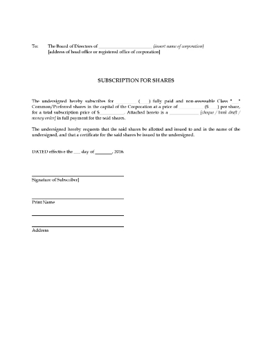 Subscription for Shares form for a Canadian corporation