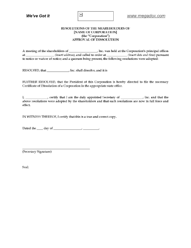 Shareholder Resolution approving dissolution of USA corporation