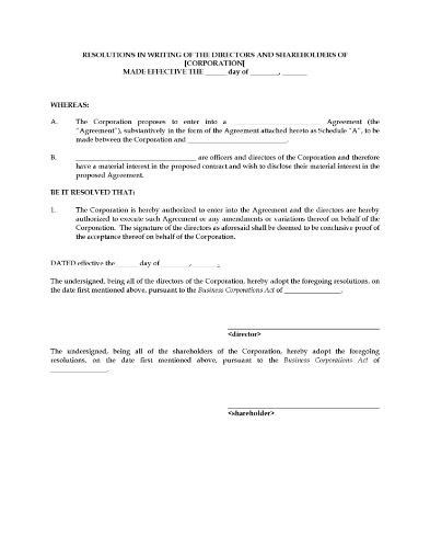 Resolutions of a corporation disclosing the material interest of a director or other insider in a contract to which the corporation is a party