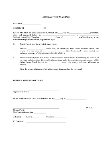 Affidavit of mailing (proof of service) form for the United States