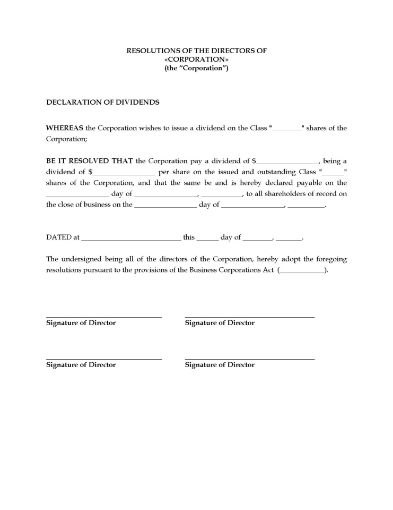 Resolution of the directors of a Canadian corporation declaring a dividend on shares