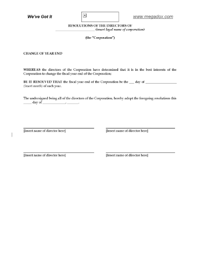 Resolutions of the directors of a U.S. corporation to change its fiscal year end