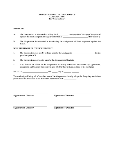 Resolutions of the directors of a Canadian corporation to approve the sale of a mortgage