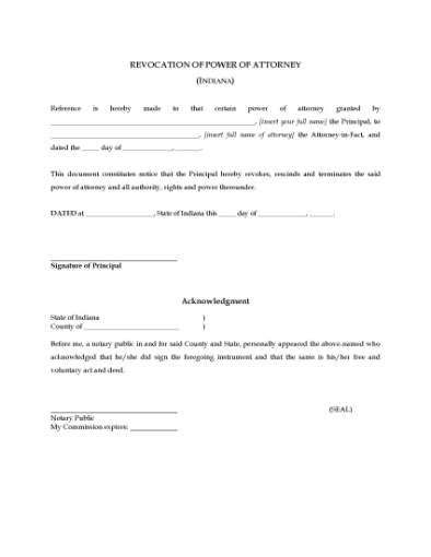 Picture of Indiana Revocation of Power of Attorney