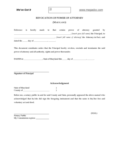 Picture of Maryland Revocation of Power of Attorney