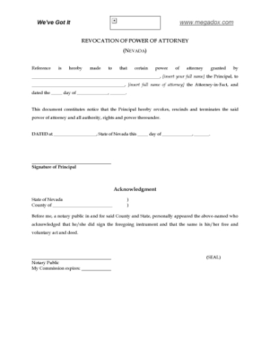 Picture of Nevada Revocation of Power of Attorney