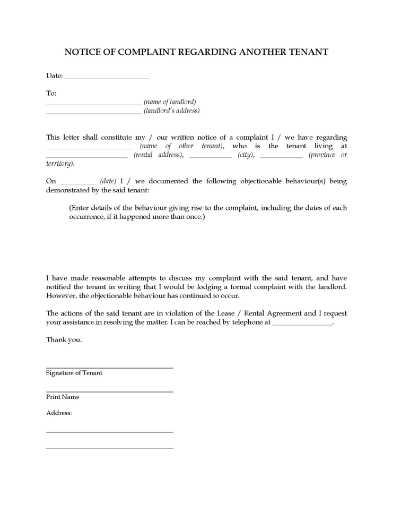 Canada Complaint to Landlord about another tenant