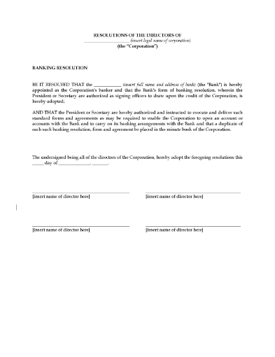 Resolution of the directors of a U.S. corporation designating the corporation's bankers