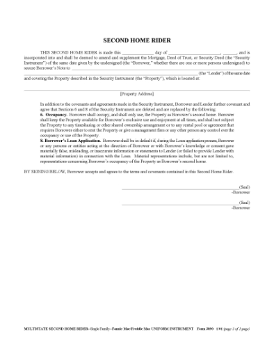 Picture of Multistate Second Home Mortgage Rider | USA