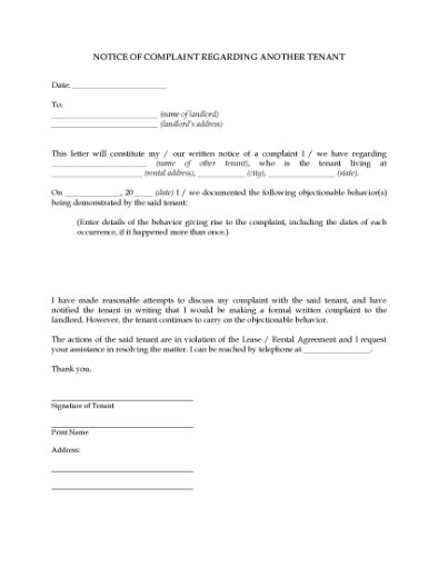 Picture of Notice of Complaint About Another Tenant | USA