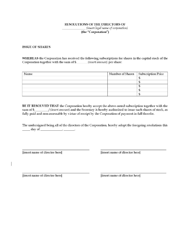Resolution of the directors of a U.S. corporation authorizing the issuance of new shares