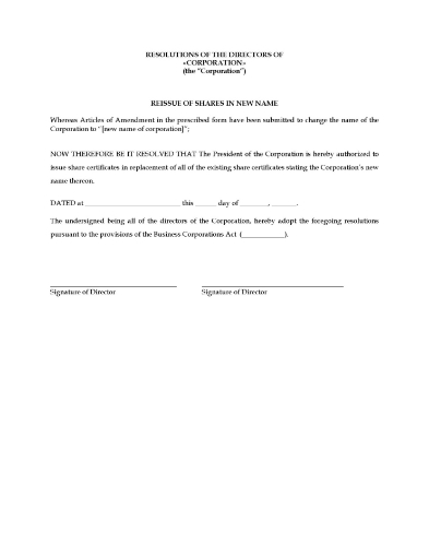 Resolution of the directors of a Canadian corporation to reissue shares after corporate name change