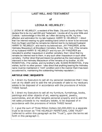 Picture of Leona Helmsley Last Will and Testament