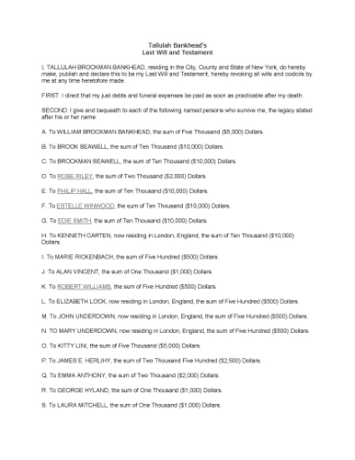 Picture of Tallulah Bankhead Last Will and Testament