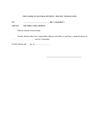 Disclosure by a director or other corporate insider of their material interest in a contract or agreement