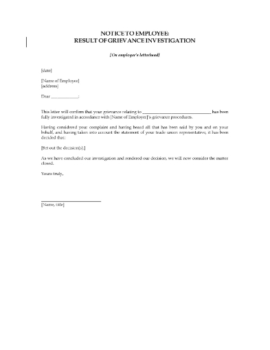 UK Notice from employer advising employee of grievance investigation