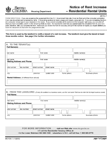 British Columbia Notice of Rent Increase