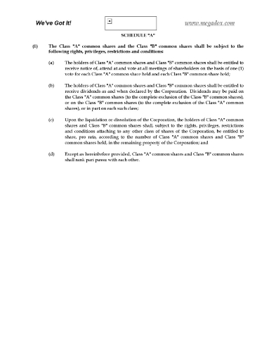Schedule to Articles - Alberta Share Classes (A and B Common)