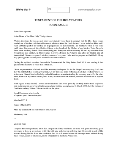 Picture of Pope John Paul II Last Will