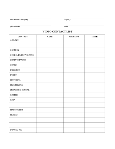 Picture of Crew Contact List for Video Shoot