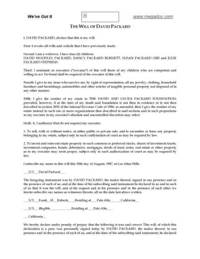 Picture of David Packard Last Will and Testament
