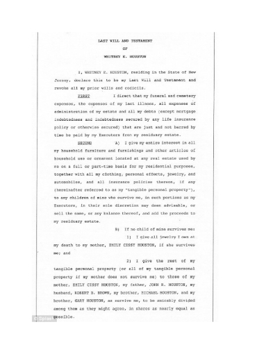 Last Will and Testament of Whitney Houston