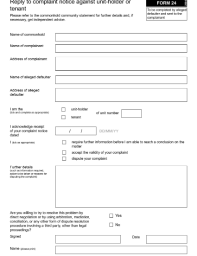 Picture of Reply to Complaint Notice Against Commonhold Unit-Holder or Tenant | UK