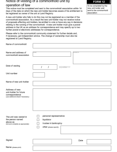 Picture of Notice of Vesting of a Commonhold Unit by Operation of Law | UK