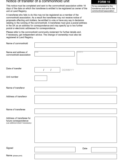 Picture of Notice of Transfer of a Commonhold Unit | UK